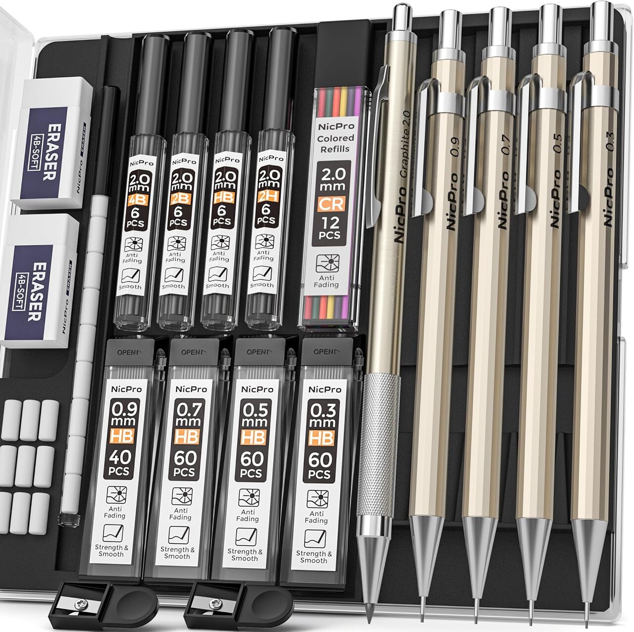 5-Piece Art Mechanical Pencil Set – Metal Drafting Pencils (0.3, 0.5, 0.7, 0.9, 2mm) with Graphite & Colored Leads, Sketching & Drawing Kit with Refills and Eraser Case